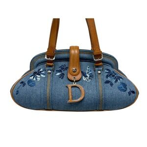 Dior Denim Leather Butterfly Galliano Handbag Flower Christian Brown Blue John